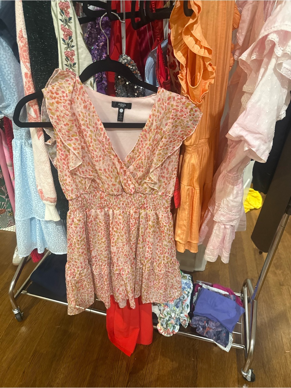 Aqua Floral Ruffle V-Neck Tiered Dress in Pink and Cream
